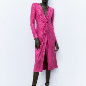Zara Pink Shoulder Pad Jacquard Dress | Size Large